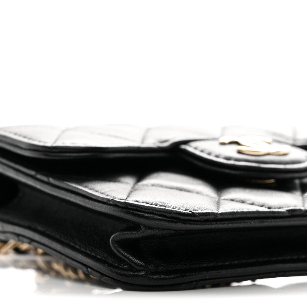 Lambskin Quilted Top Handle Flap Coin Purse With Chain Black
