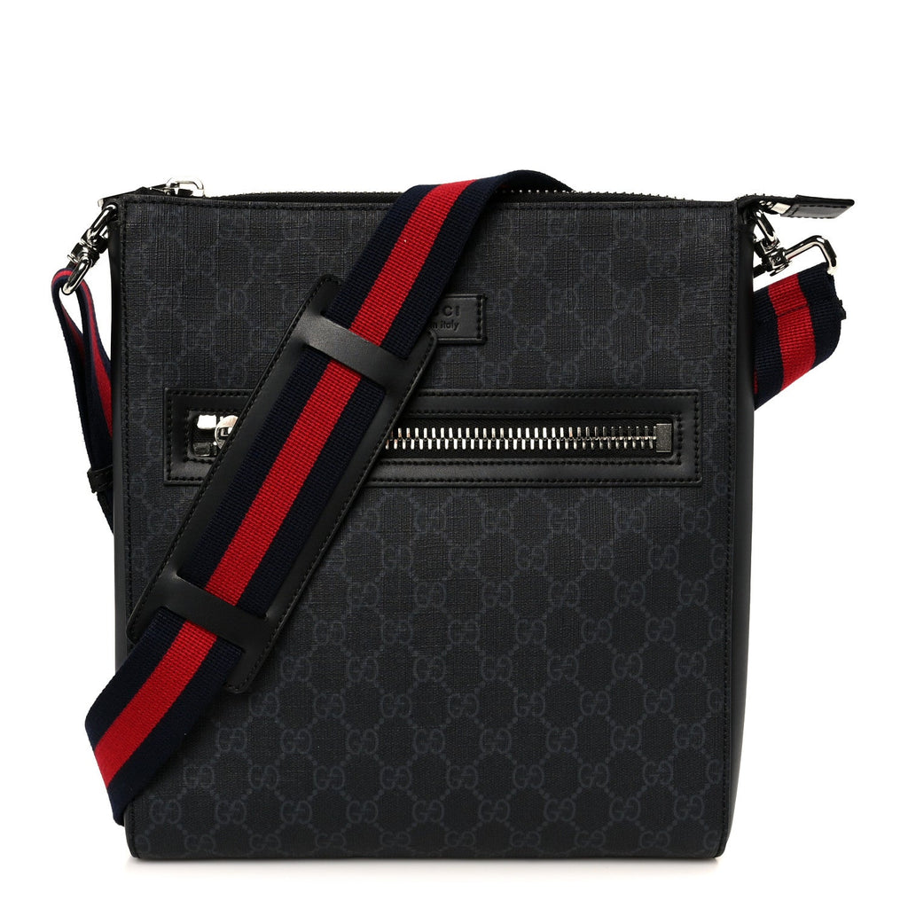GG Supreme Monogram Appia Calfskin Web Flat Messenger Bag Black Grey