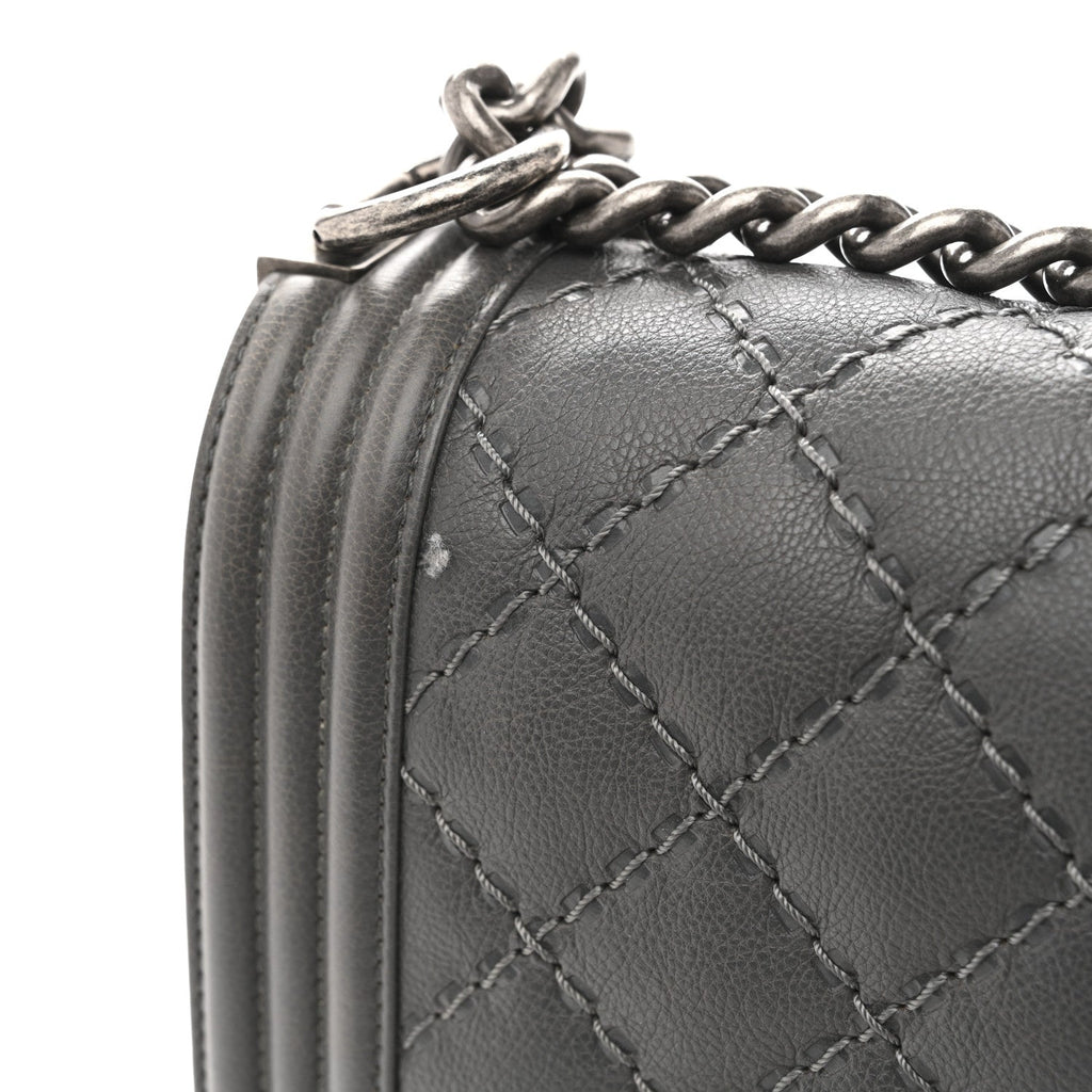 Calfskin Double Stitch Medium Boy Flap Grey