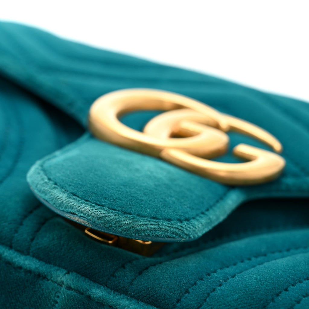 Velvet Matelasse Small GG Marmont Shoulder Bag Pavone Cyan