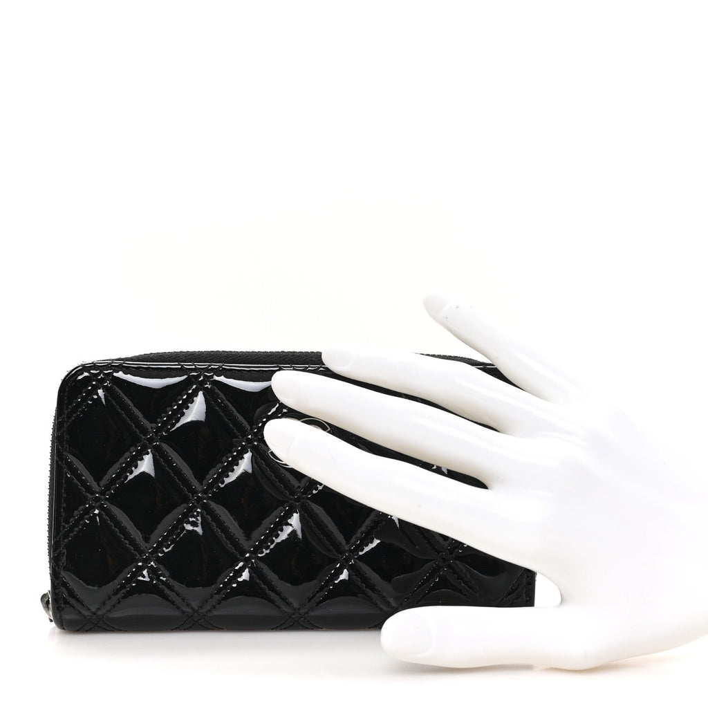 Patent Quilted Double Stitched Zip Around Wallet Black