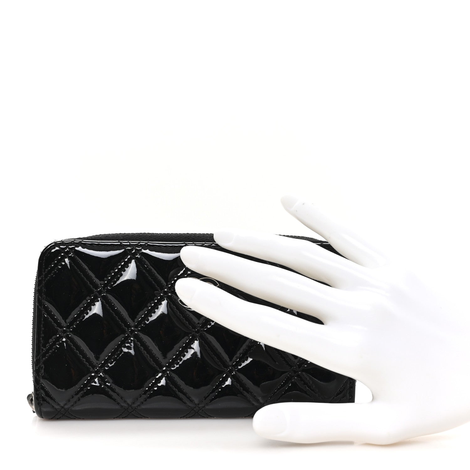 Patent Quilted Double Stitched Zip Around Wallet Black