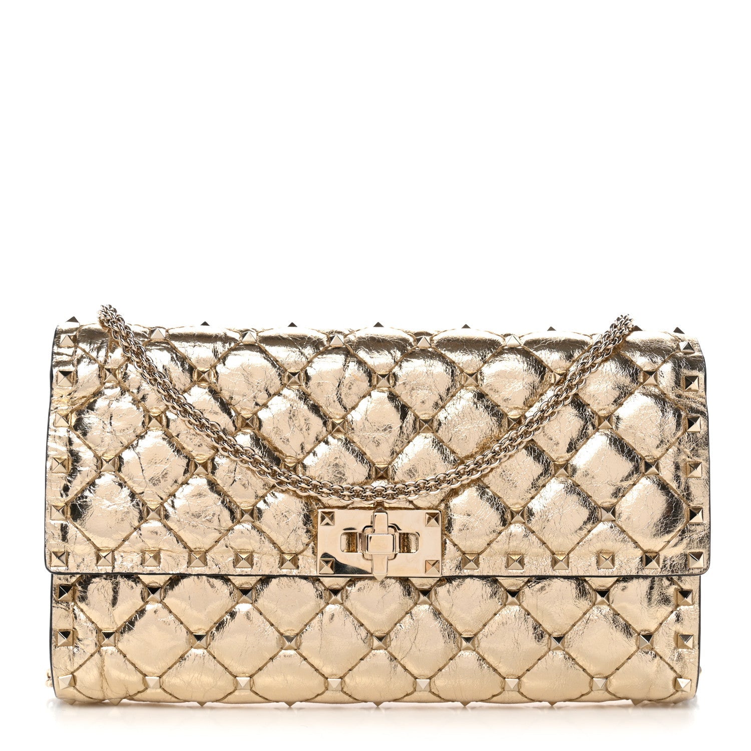 Metallic Wrinkled Lambskin Rockstud Spike Wallet on Chain Mekong