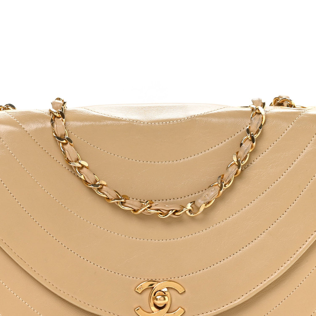Lambskin Ribbon Stitched Flap Beige