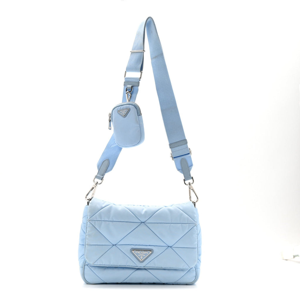 Re-Nylon Quilted Padded Flap Shoulder Bag Celeste