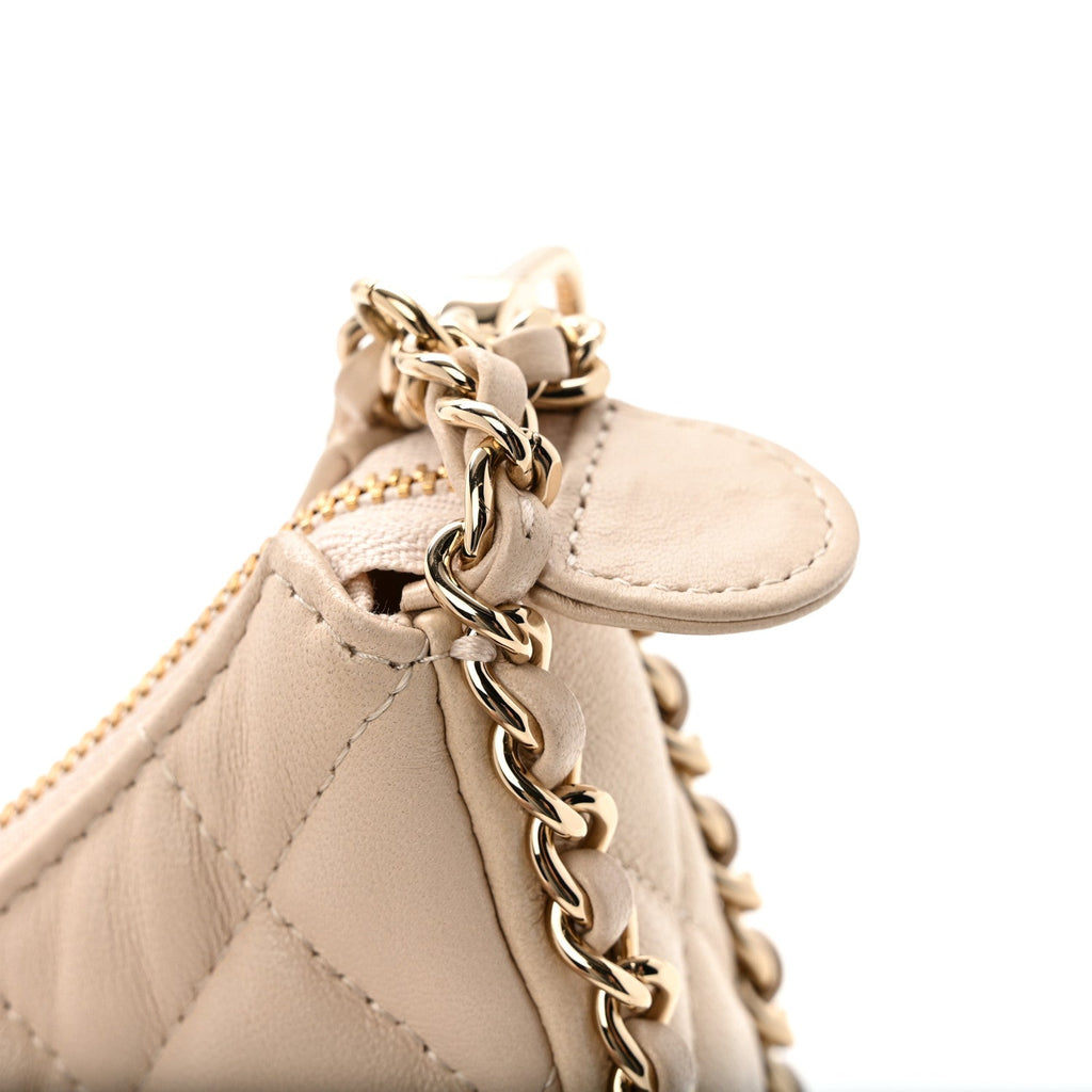 Lambskin Quilted Small Hobo Bag Light Beige