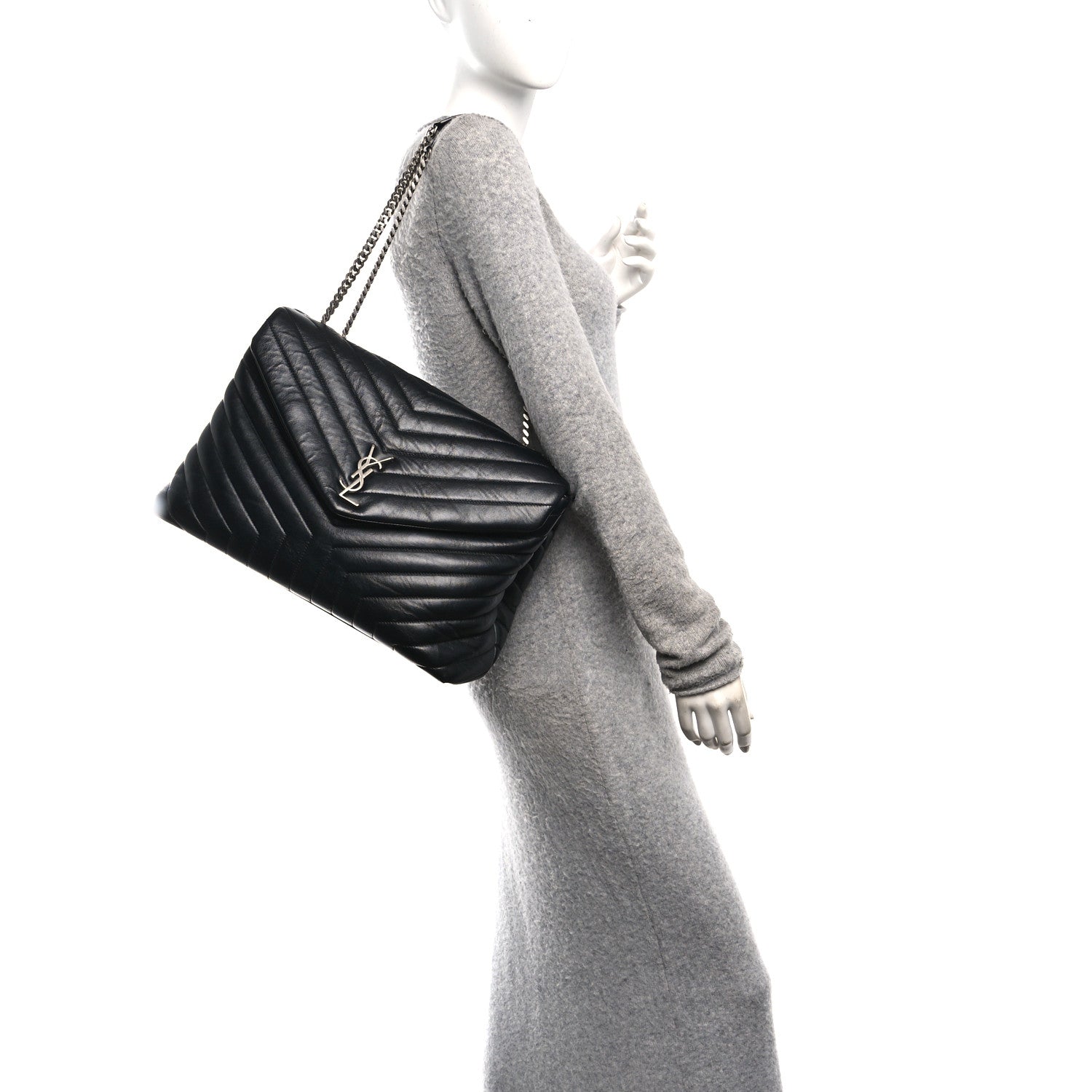 Calfskin Y Quilted Monogram Large Loulou Chain Satchel Black