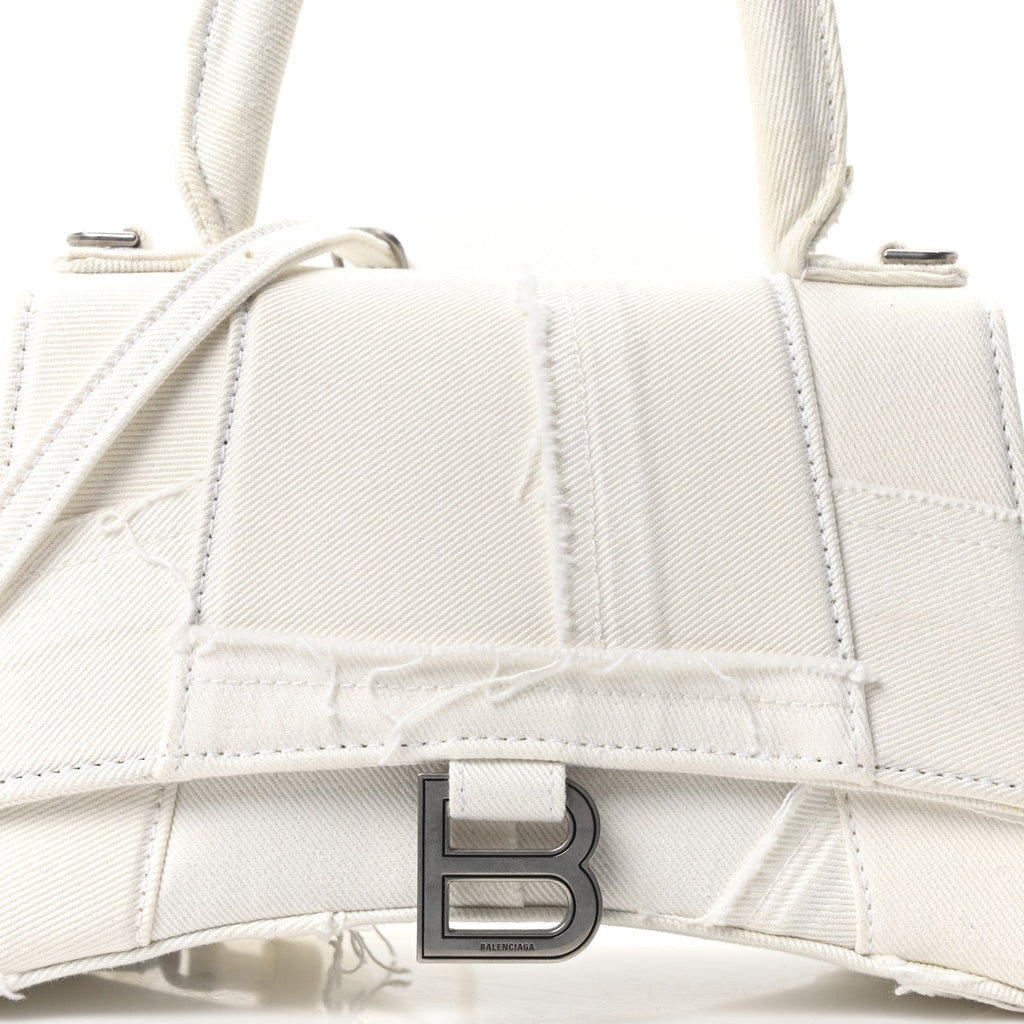 Denim Patchwork Small Hourglass Top Handle Bag Optic White