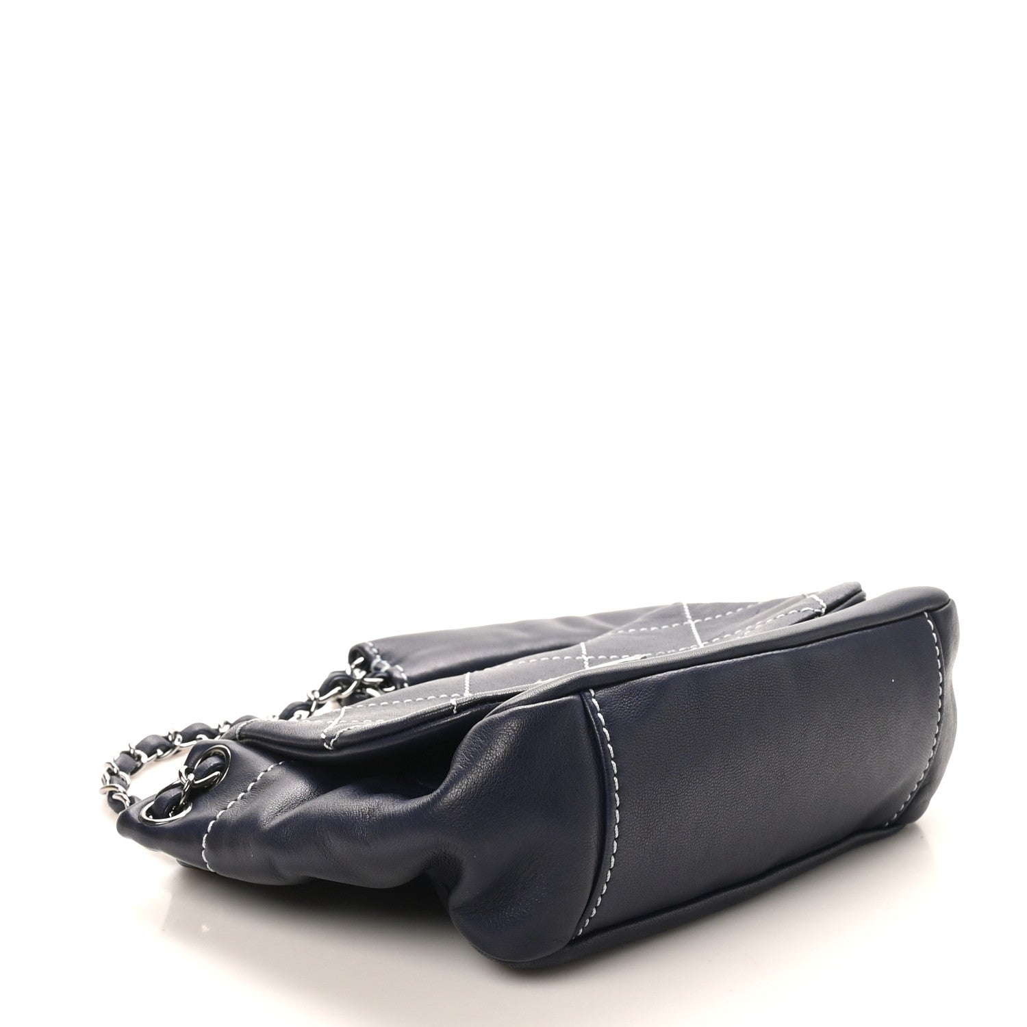 Lambskin Contrast Stitch Small Surpique Accordion Flap Navy