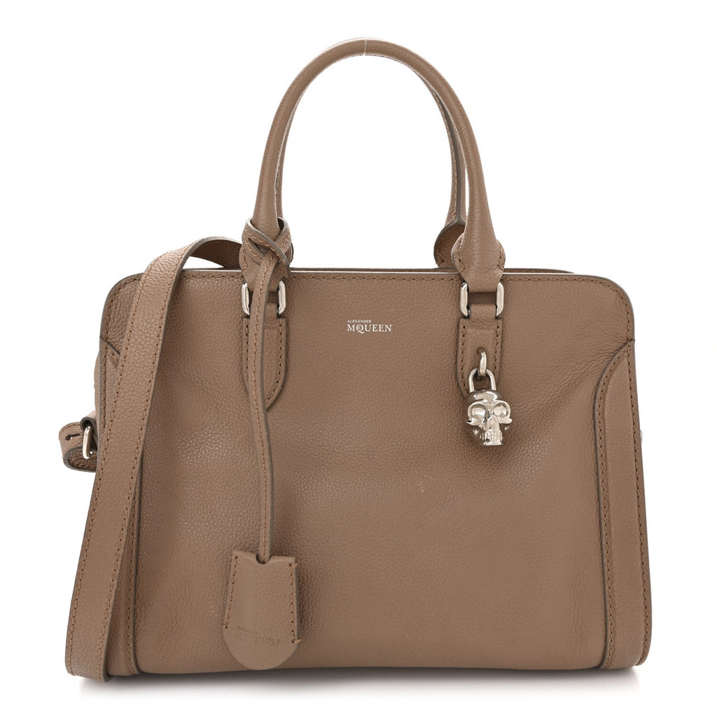 Pebbled Calfskin Small Skull Padlock Zip Around Tote Taupe