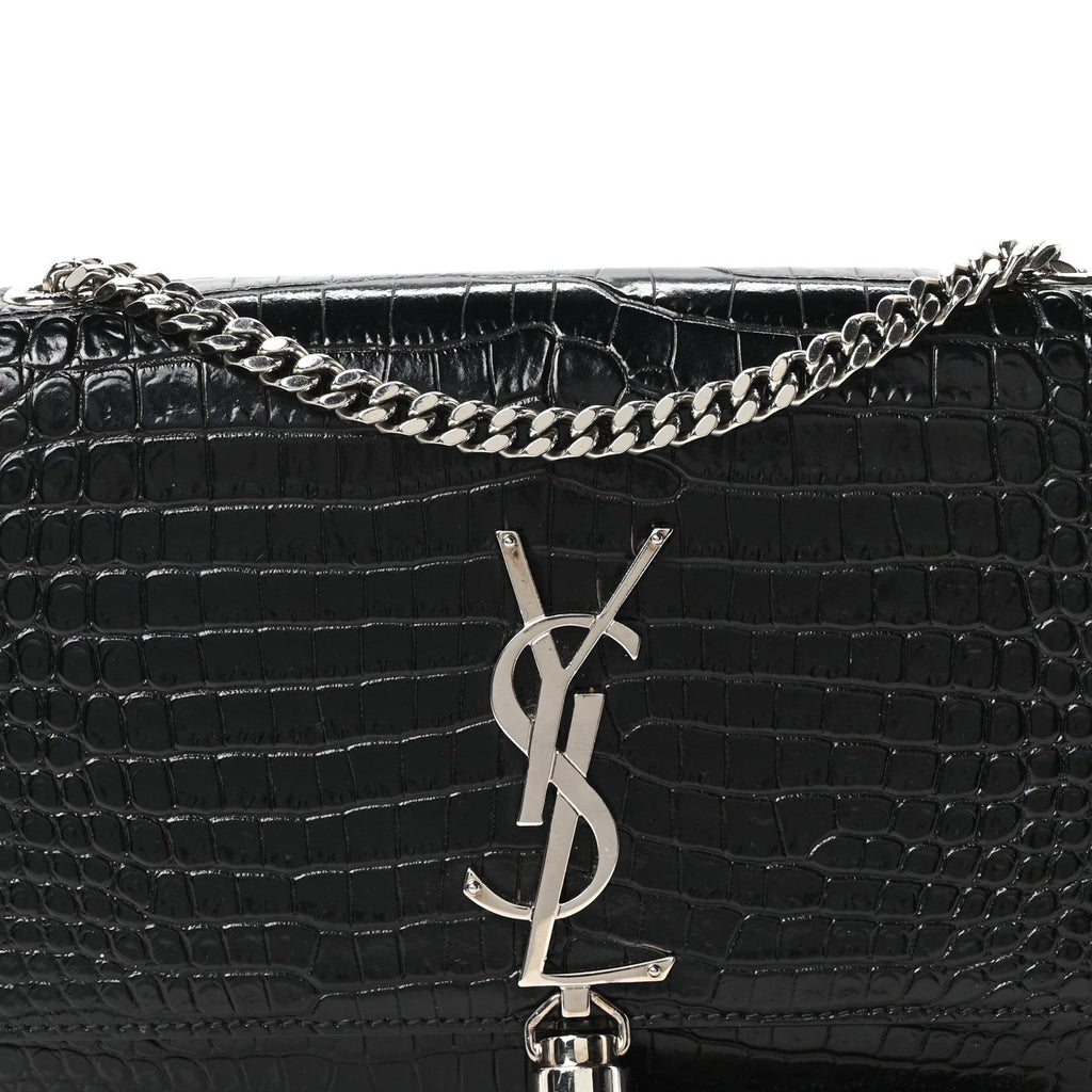 Calfskin Crocodile Embossed Small Classic Monogram Kate Tassel Satchel Black