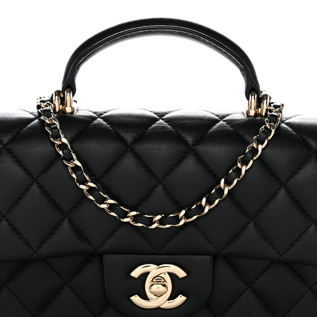 Lambskin Quilted Mini Top Handle Rectangular Flap Black