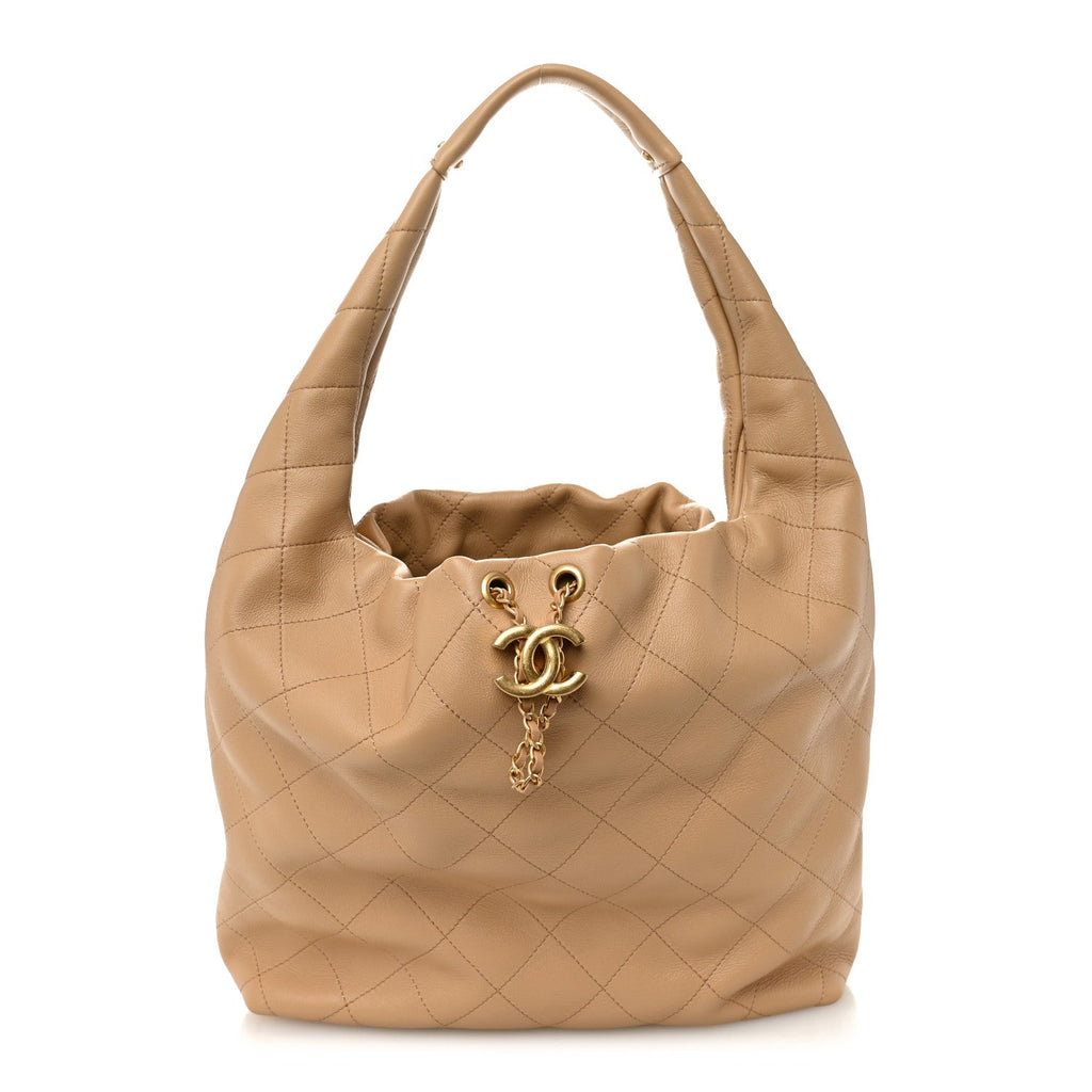 Calfskin Quilted Small Maxi Hobo Beige