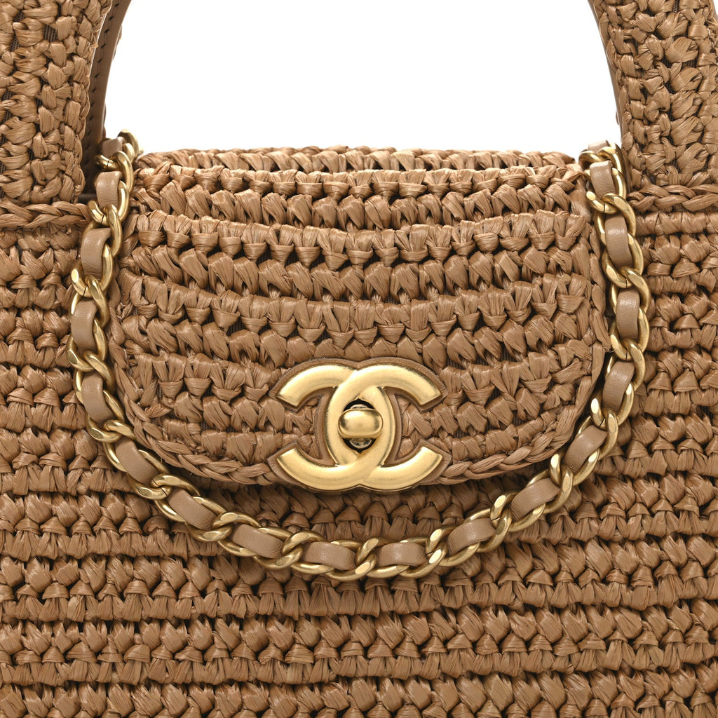 Braided Raffia Nano Kelly Flap Bag Dark Beige