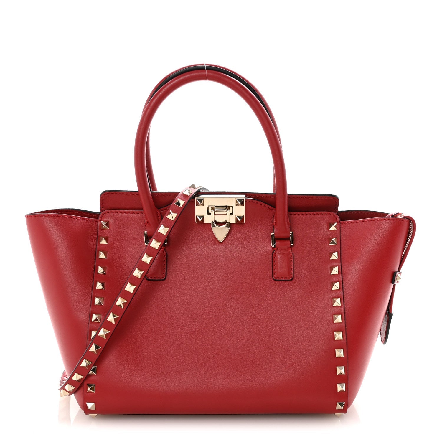 Vitello Small Rockstud Double Handle Tote Rosso Valentino