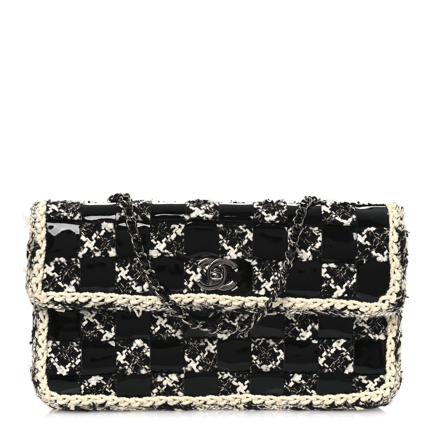 Tweed Patent Quilted Rectangular Flap Black White