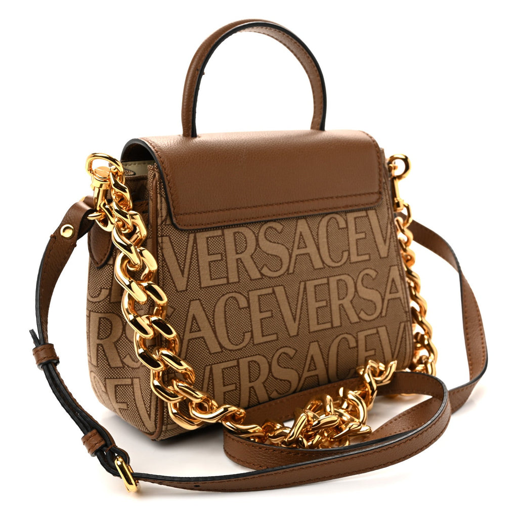 Calfskin Canvas Allover La Medusa Small Top Handle Handbag Brown