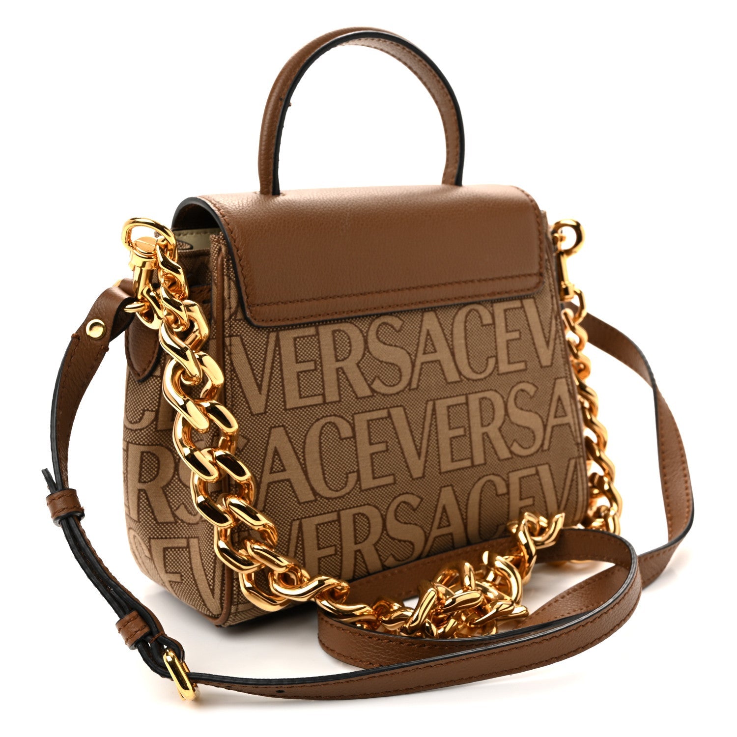 Calfskin Canvas Allover La Medusa Small Top Handle Handbag Brown