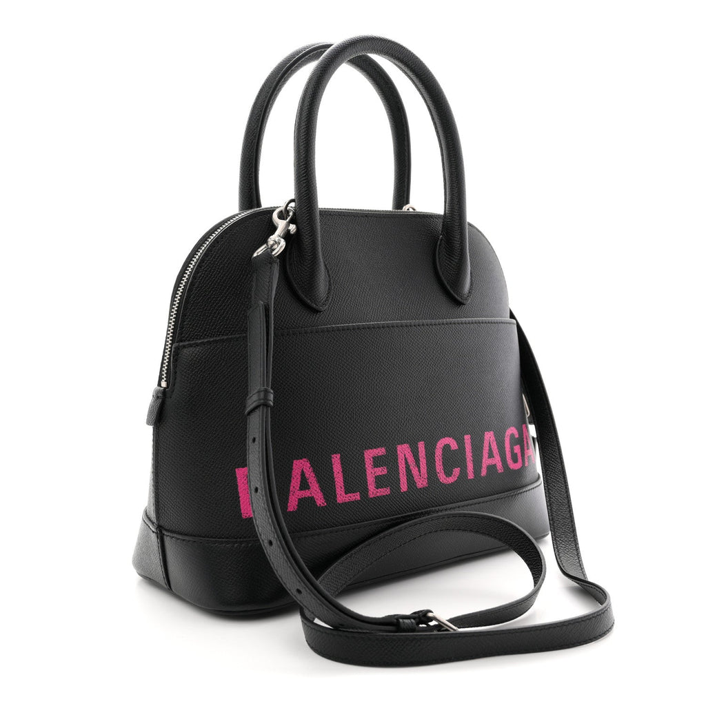 Signature Grained Calfskin Logo S Ville Top Handle Bag Black Rose Shocking