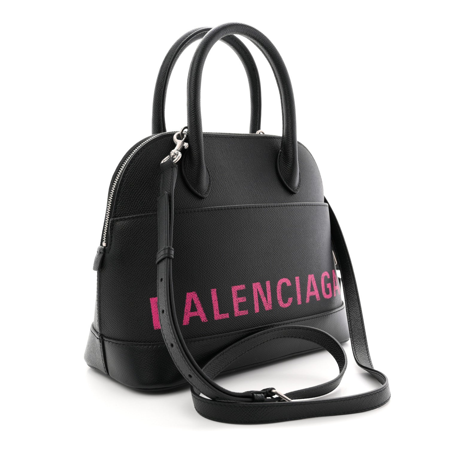 Signature Grained Calfskin Logo S Ville Top Handle Bag Black Rose Shocking