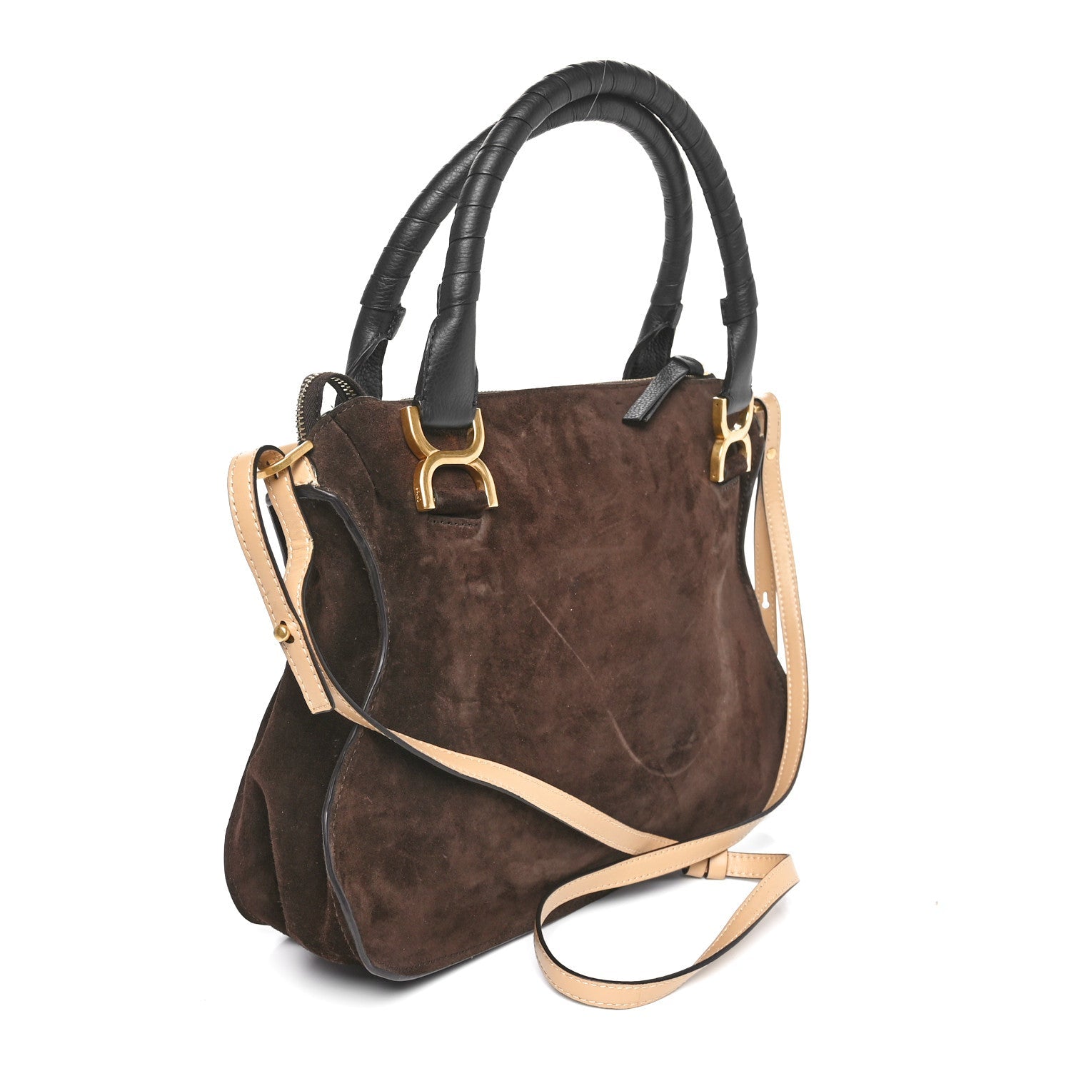 Suede Calfskin Braided Medium Marcie Double Carry Dark Brown