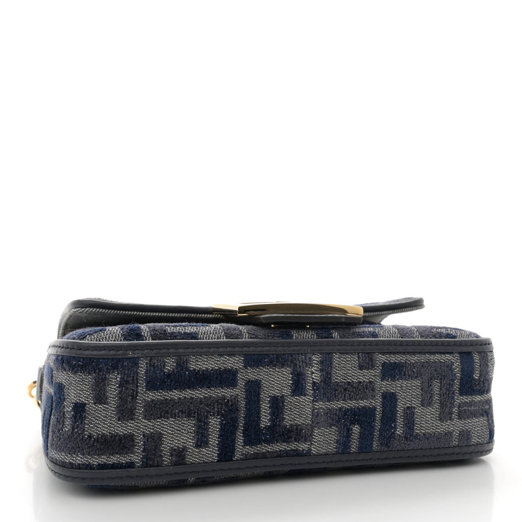 Chenille Vitello Grace FF Embroidered Mini Baguette Dark Blue Grey