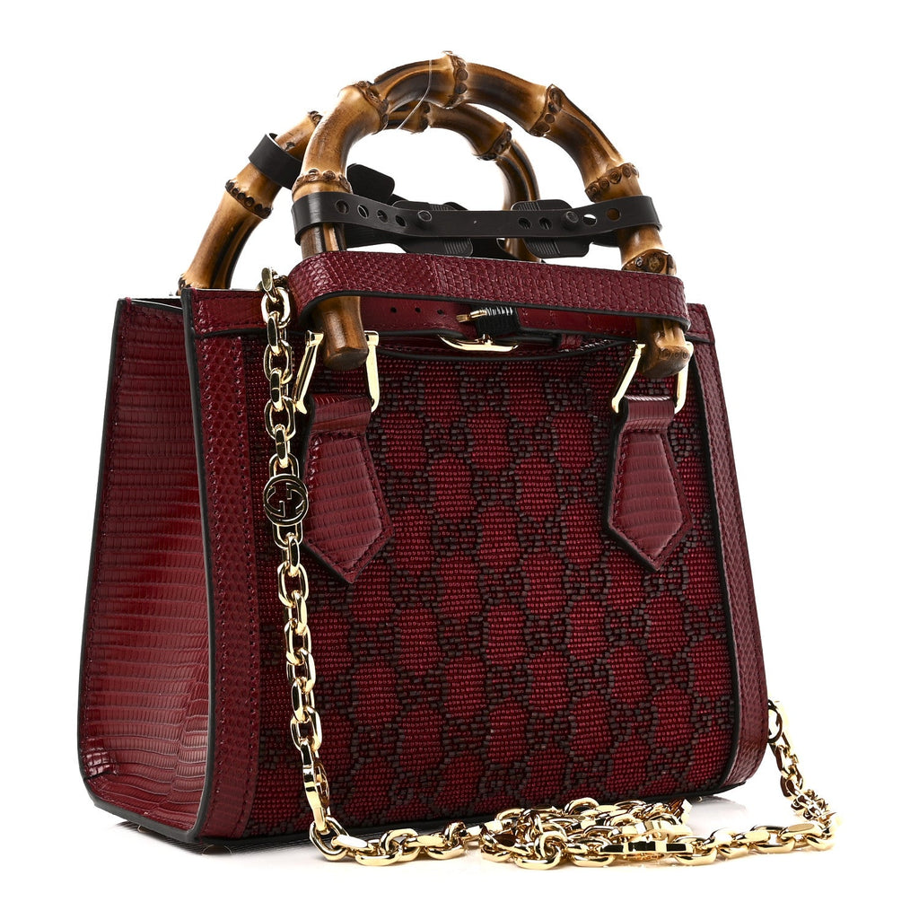 Moire Fabric Calfskin Rhinestone Monogram Monochrome Lizard Embossed Mini Diana Tote Bag Red