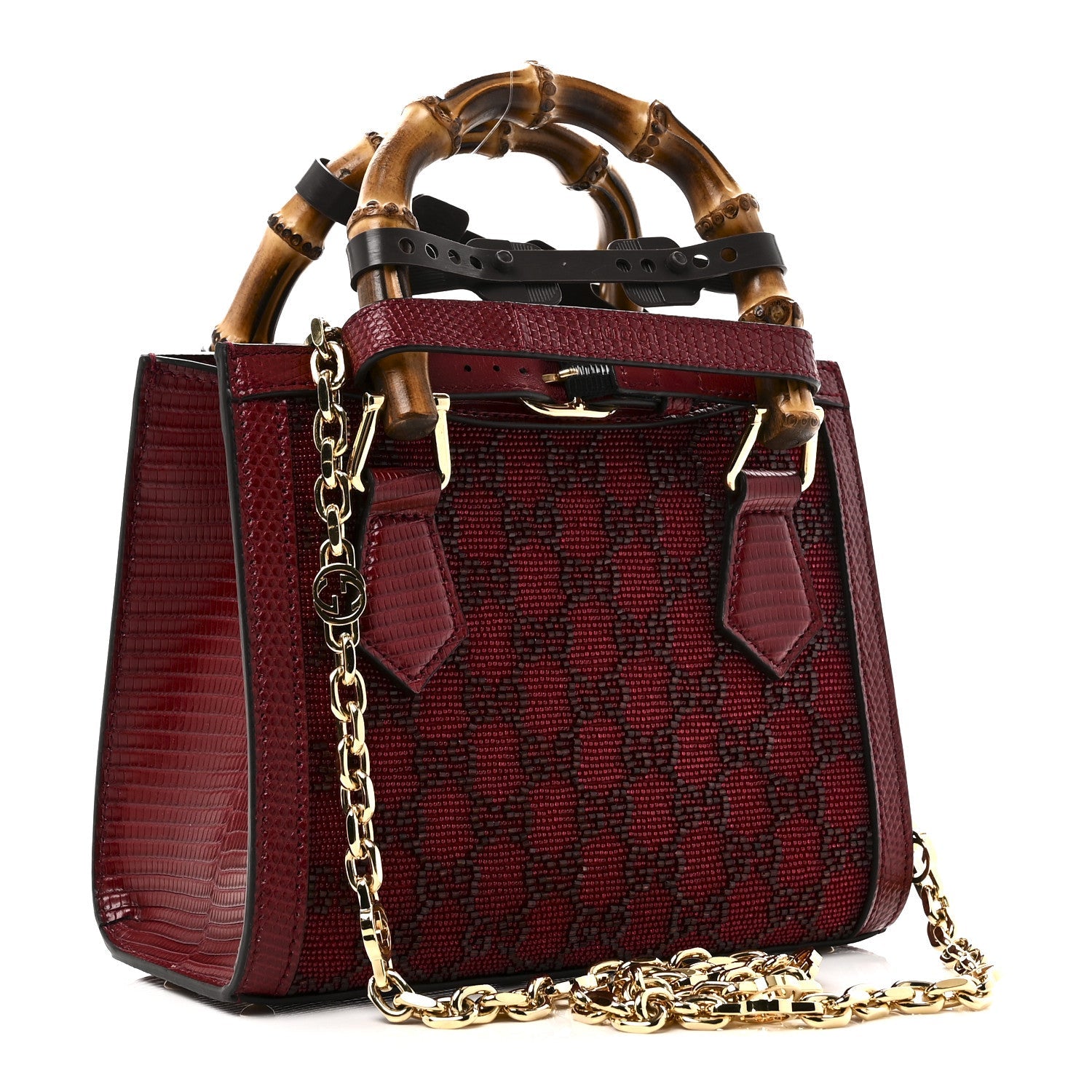 Moire Fabric Calfskin Rhinestone Monogram Monochrome Lizard Embossed Mini Diana Tote Bag Red