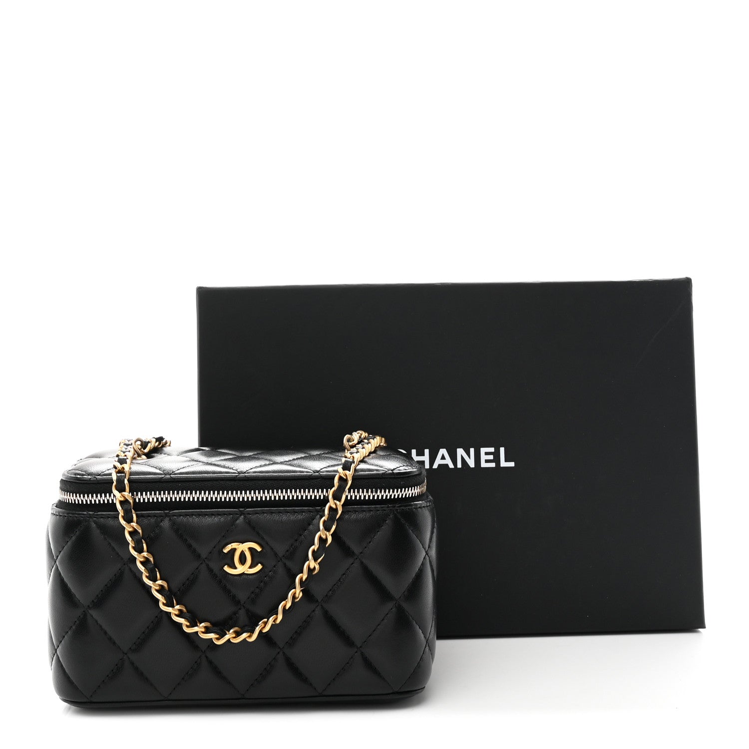 Lambskin Quilted Pearl Crush Small Vanity Case With Chain Black