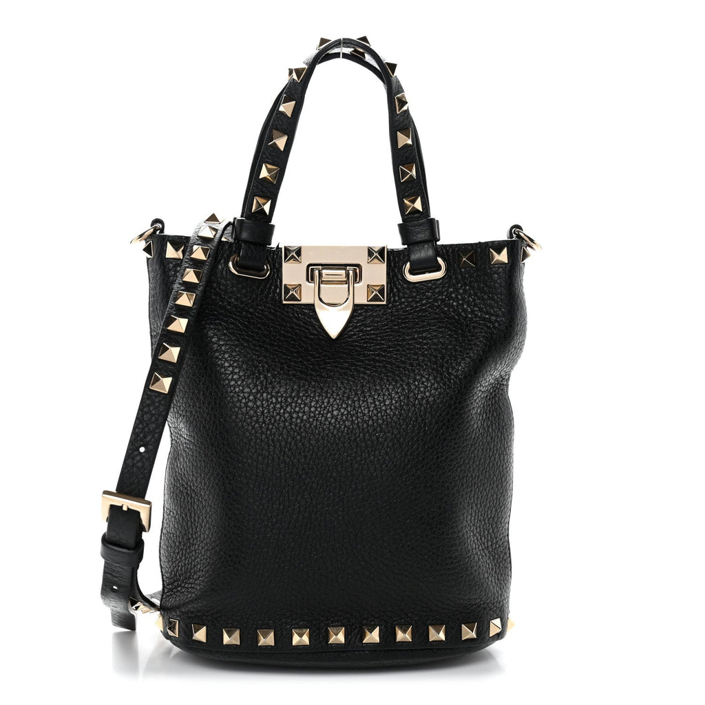 Pebbled Calfskin Rockstud Bucket Bag Black