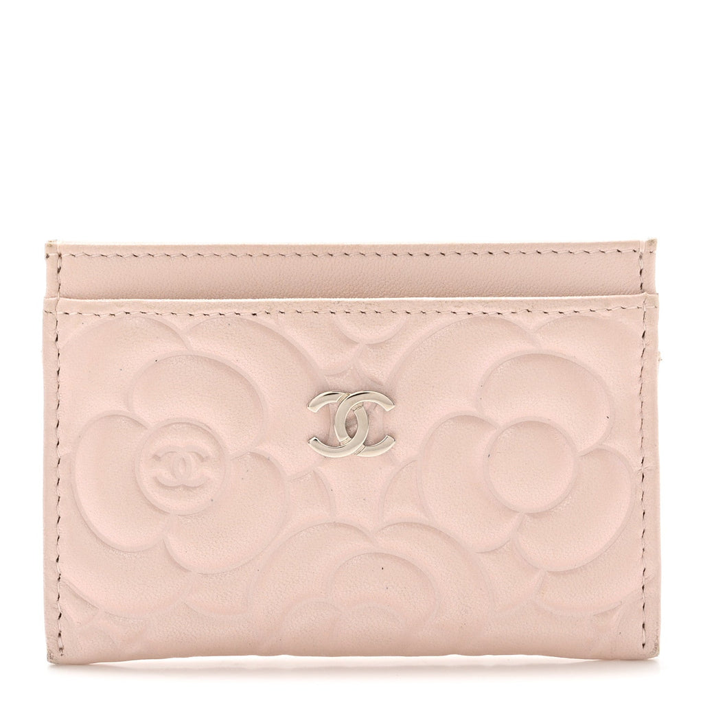 Iridescent Lambskin Camellia Embossed  Holder Light Pink