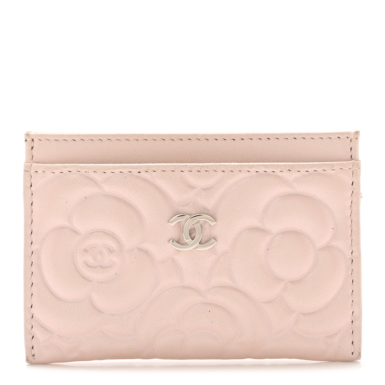 Iridescent Lambskin Camellia Embossed  Holder Light Pink