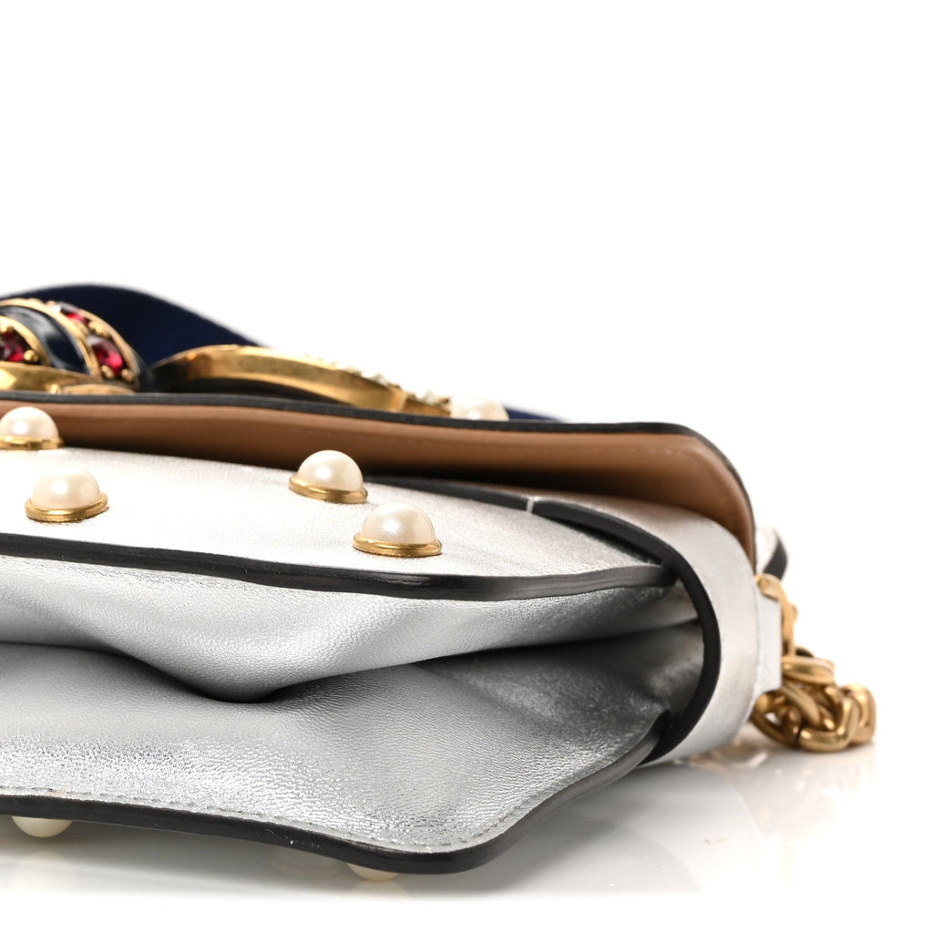 Metallic Nappa Pearl Studded Mini Queen Margaret Broadway Shoulder Bag Silver