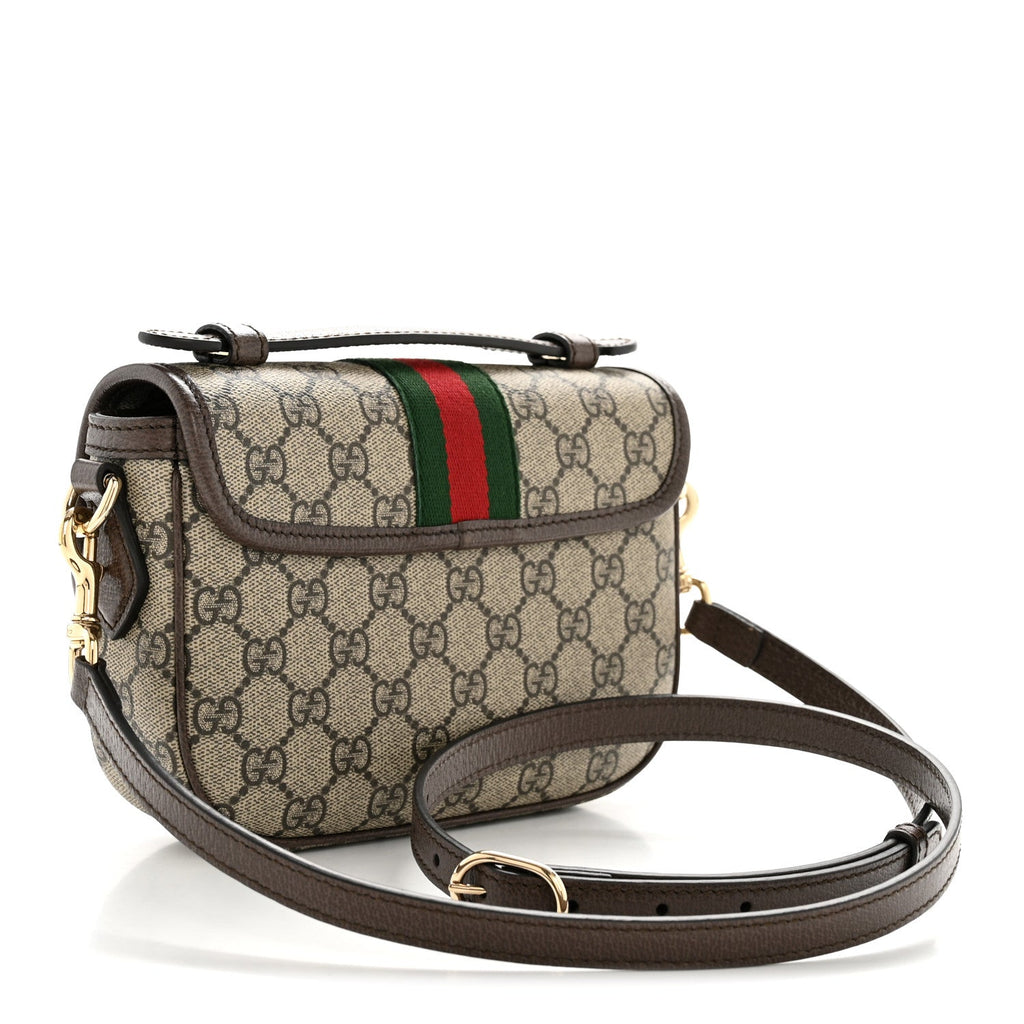 GG Supreme Monogram Textured Dollar Calfskin Small Ophidia Top Handle Shoulder Bag Beige Brown
