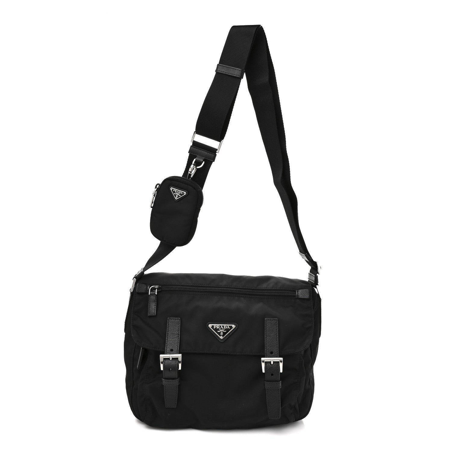 Re-Nylon Vela Saffiano Pocket Double Buckle Messenger Shoulder Bag Black