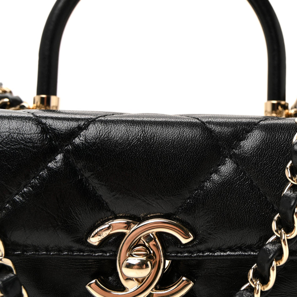 Shiny Calfskin Quilted Top Handle Box Bag Black