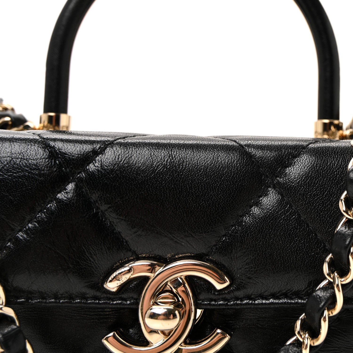 Shiny Calfskin Quilted Top Handle Box Bag Black
