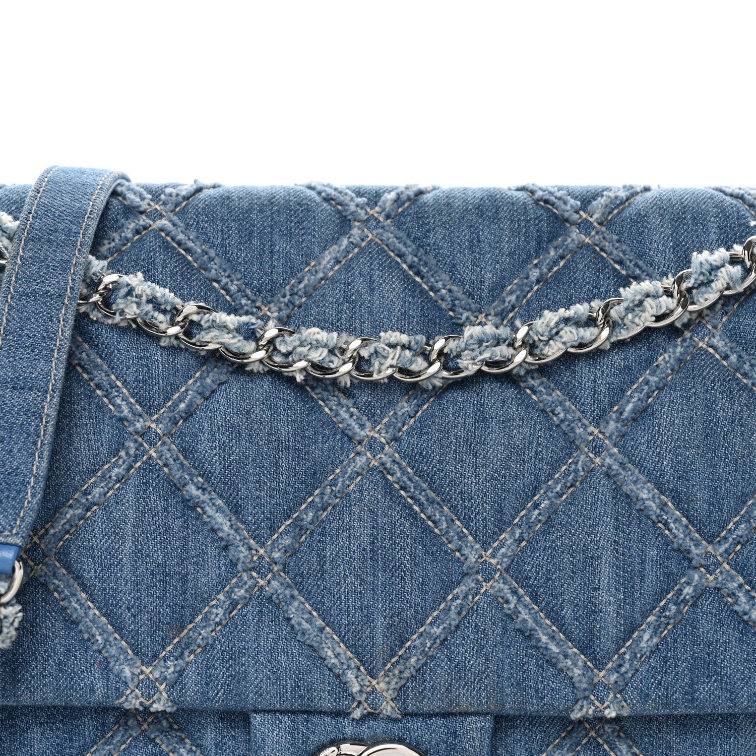 Frayed Denim Quilted Large Blue Chip Flap Blue