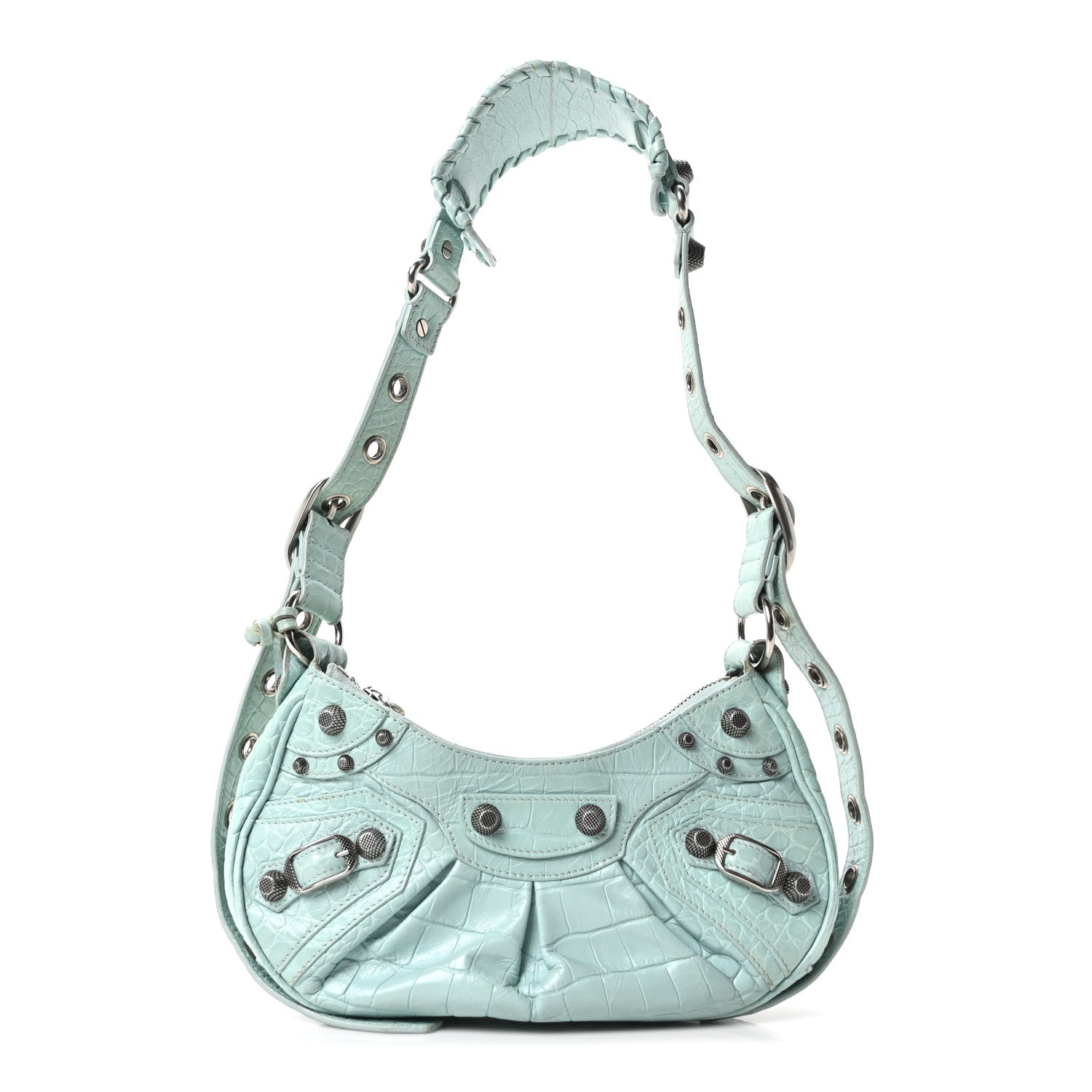 Extra Supple Calfskin Crocodile Embossed Le Cagole Shoulder Bag XS Green Acqua