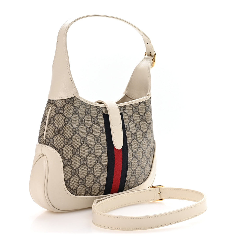 GG Supreme Monogram Azalea Calfskin Web Small Jackie 1961 Hobo Beige Ebony Mystic White