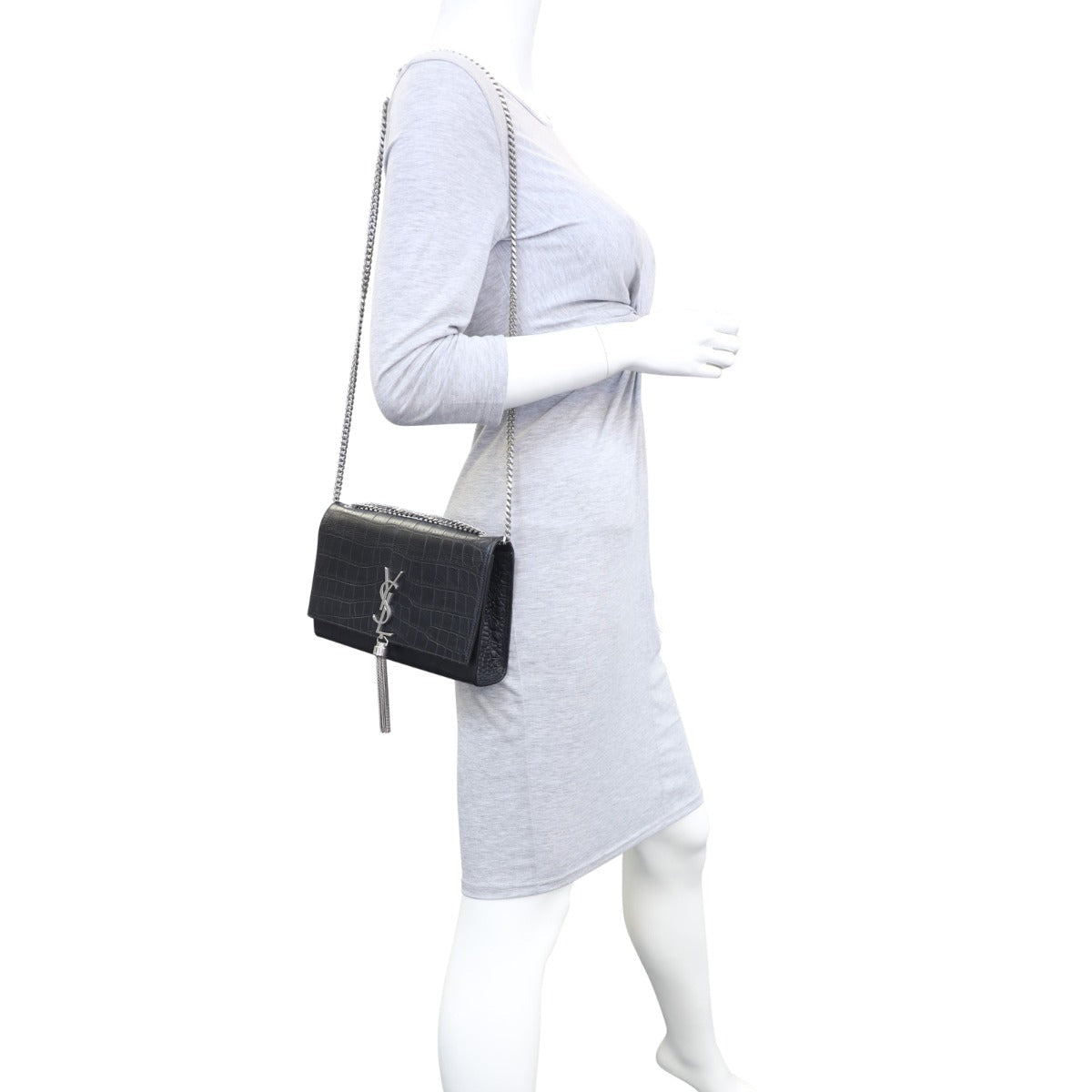 Saint Laurent Kate Tassel Chain Bag Medium Croc-Embossed