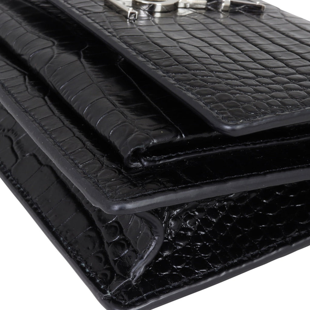 Saint Laurent Sunset Chain Wallet Croc Embossed
