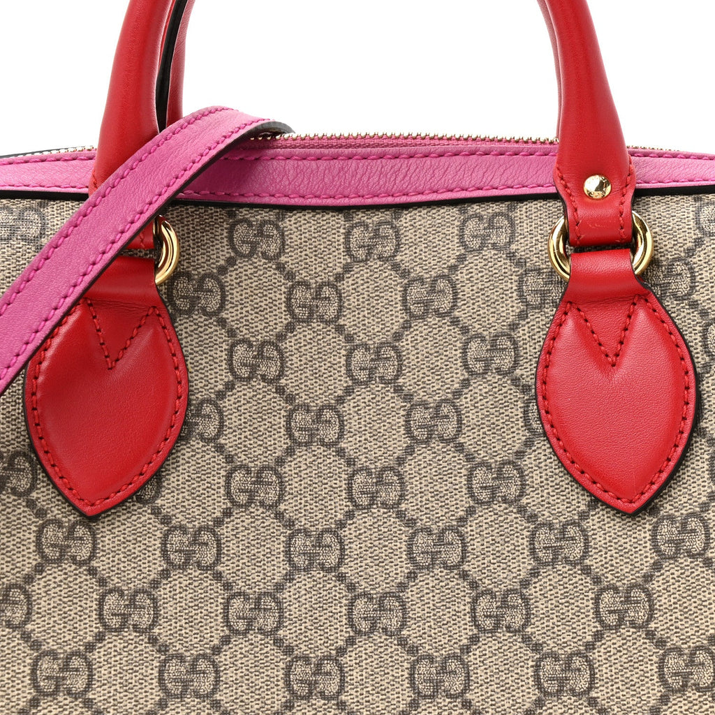 GG Supreme Monogram Moon Calfskin Small Boston Beige Ebony Hibiscus Red New Rosette