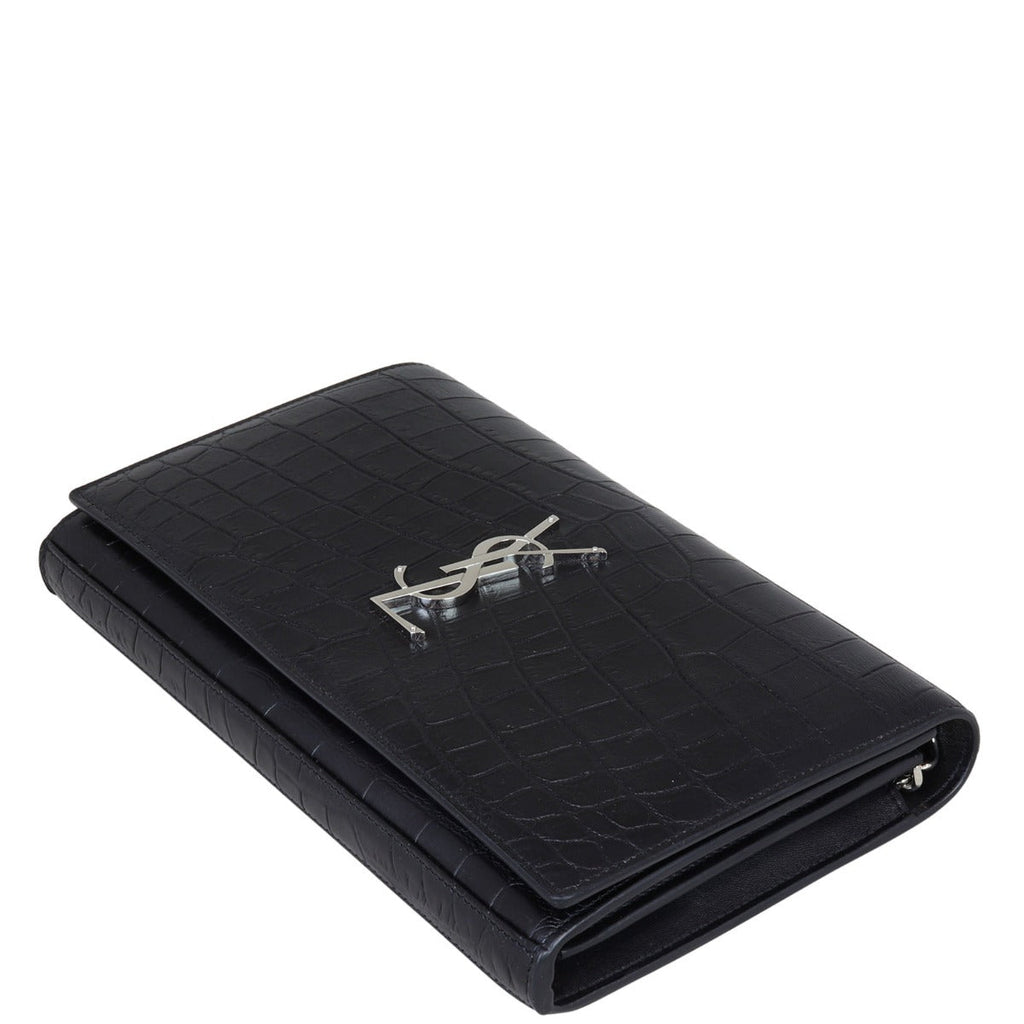 Saint Laurent Cassandre Chain Wallet Croc-Embossed