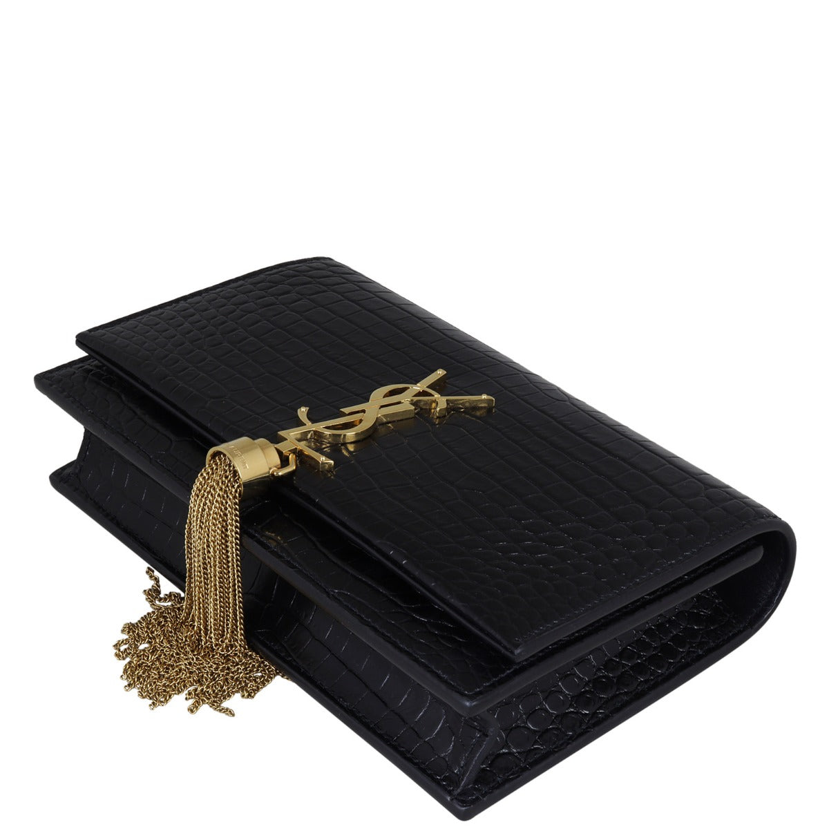 Saint Laurent Kate Tassel Chain Wallet Croc-Embossed