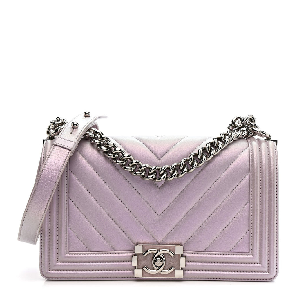Iridescent Lambskin Chevron Quilted Medium Boy Flap Purple