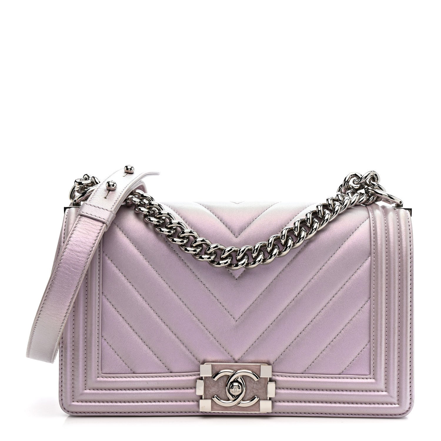 Iridescent Lambskin Chevron Quilted Medium Boy Flap Purple