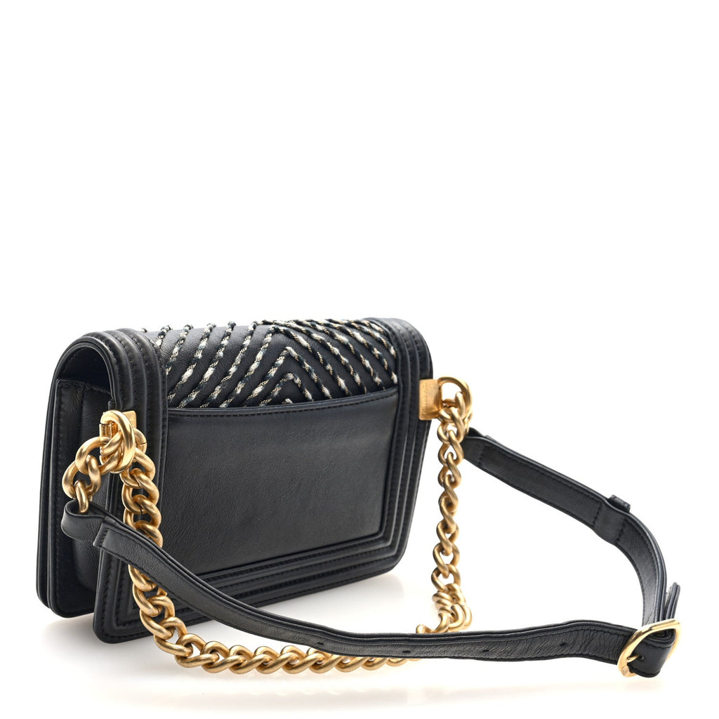 Calfskin Chevron Embroidered Boy By The Sea Flap Waist Belt Bag Black