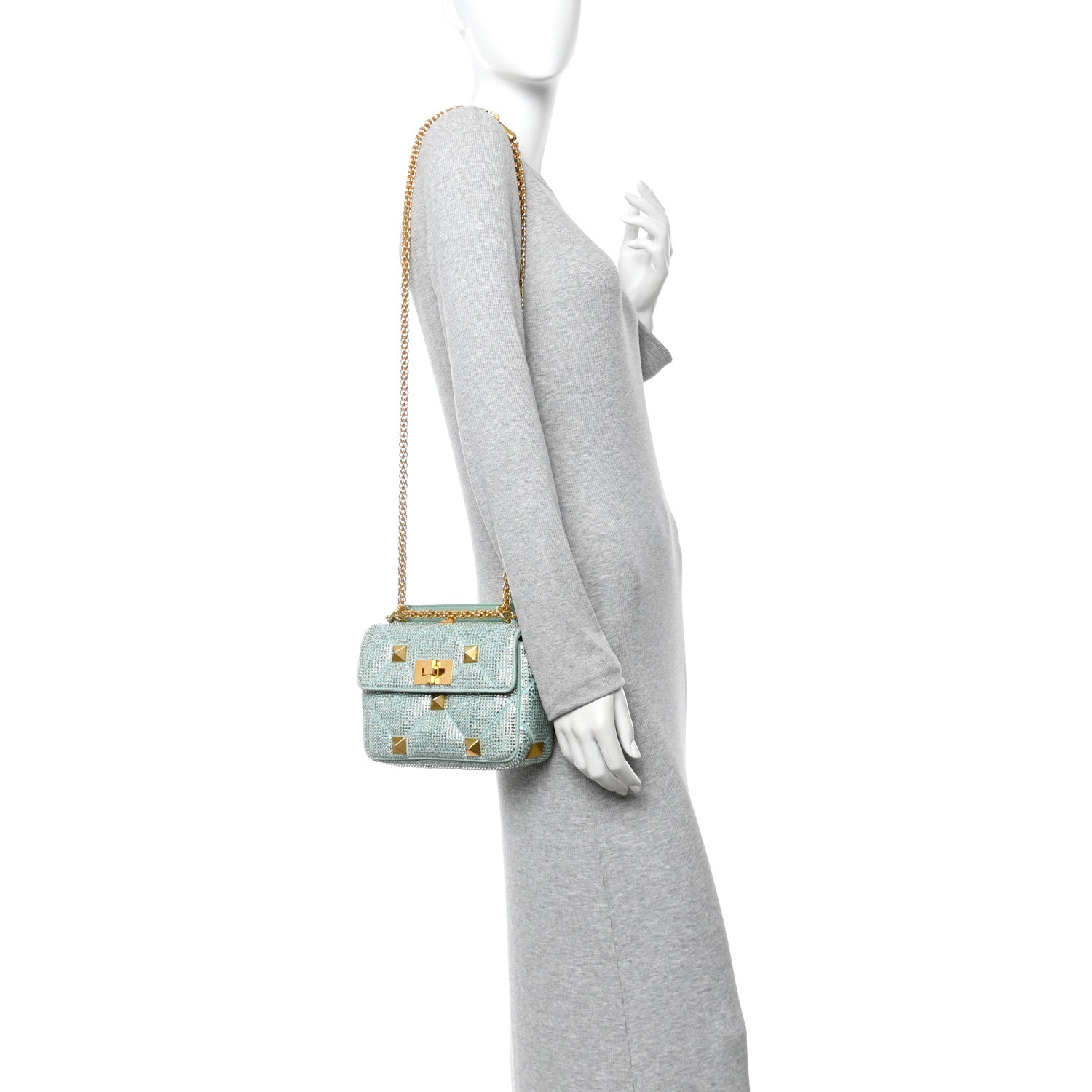 Crystal Suede Small Roman Stud Shoulder Bag Green