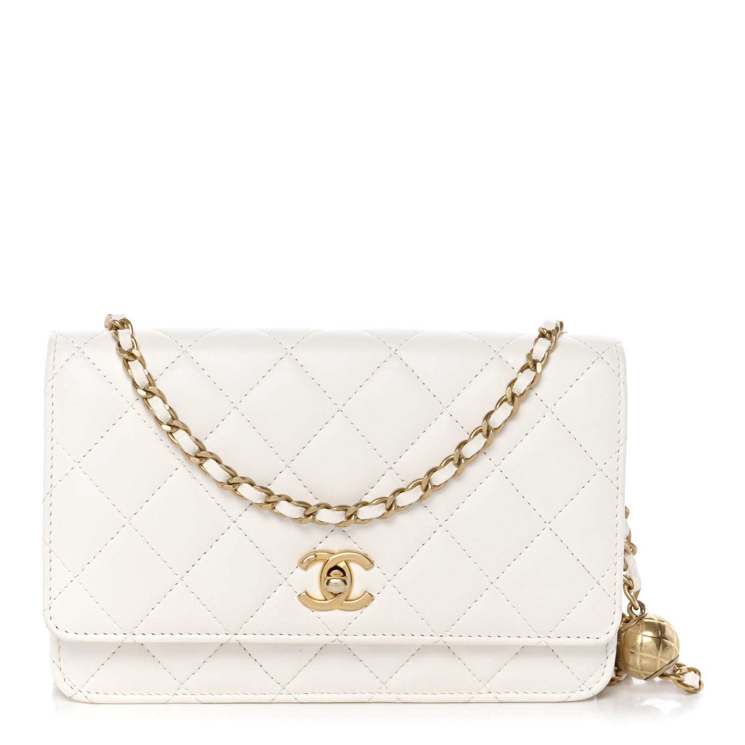 Lambskin Quilted CC Pearl Crush Wallet on Chain WOC White